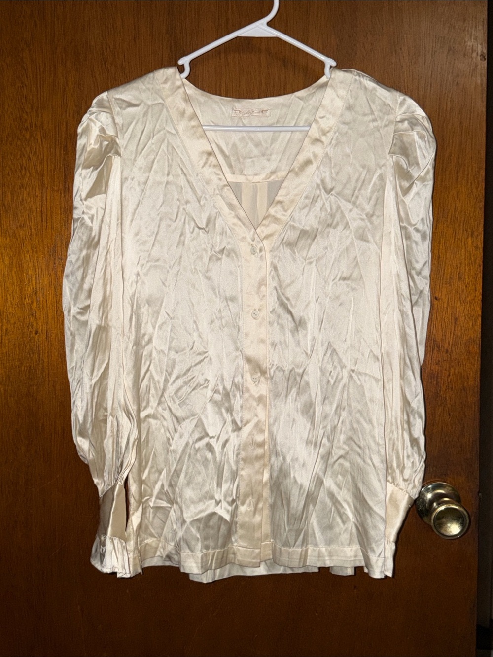 V-Neck Satin Button-Front Blouse in Cream
